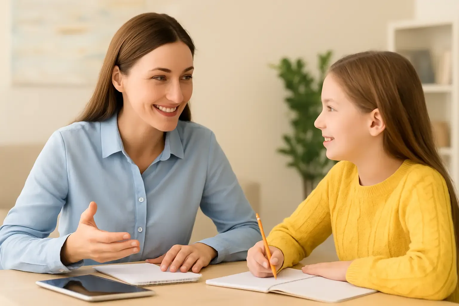 Enseignante accompagnant un élève à domicile dans une ambiance claire et chaleureuse, illustrant les atouts d’un stage d’hiver personnalisé