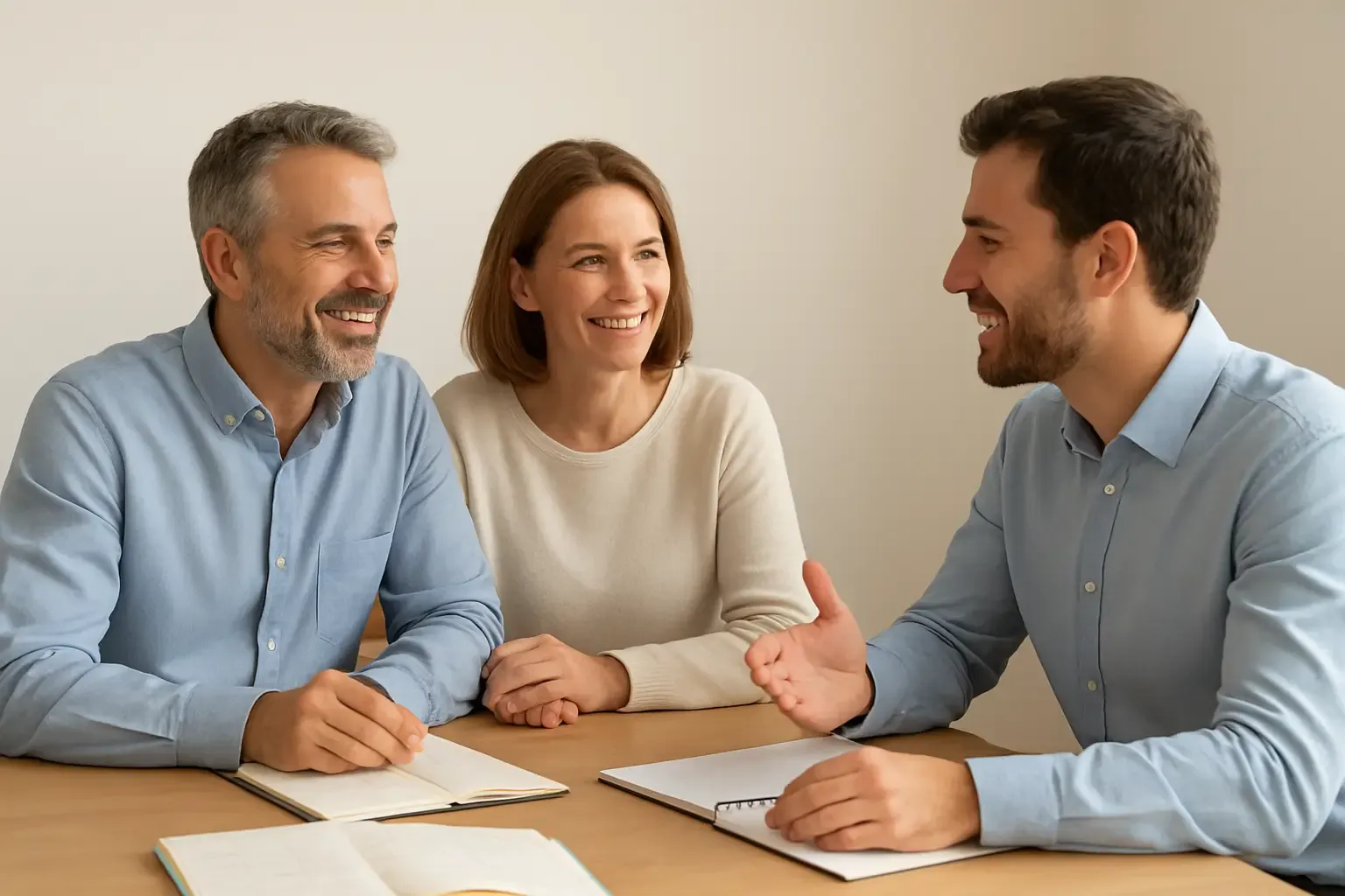 Parents souriants discutant avec un enseignant à domicile dans une ambiance claire et gaie, illustrant les avantages concrets du stage de Noël pour les familles