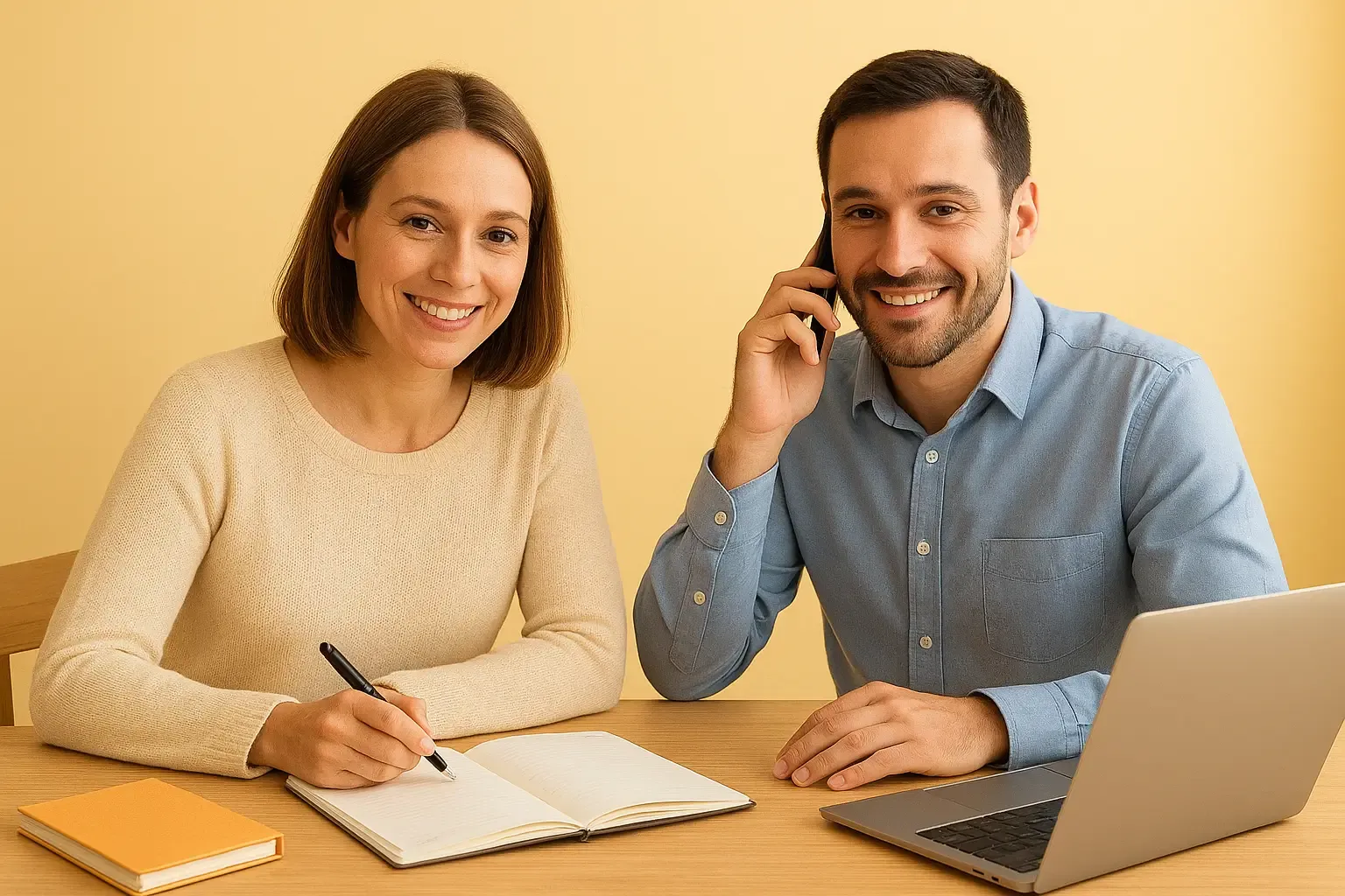 Jeune femme souriante échangeant avec un conseiller pédagogique pour réserver un stage de Noël à domicile, ambiance claire et couleurs gaies