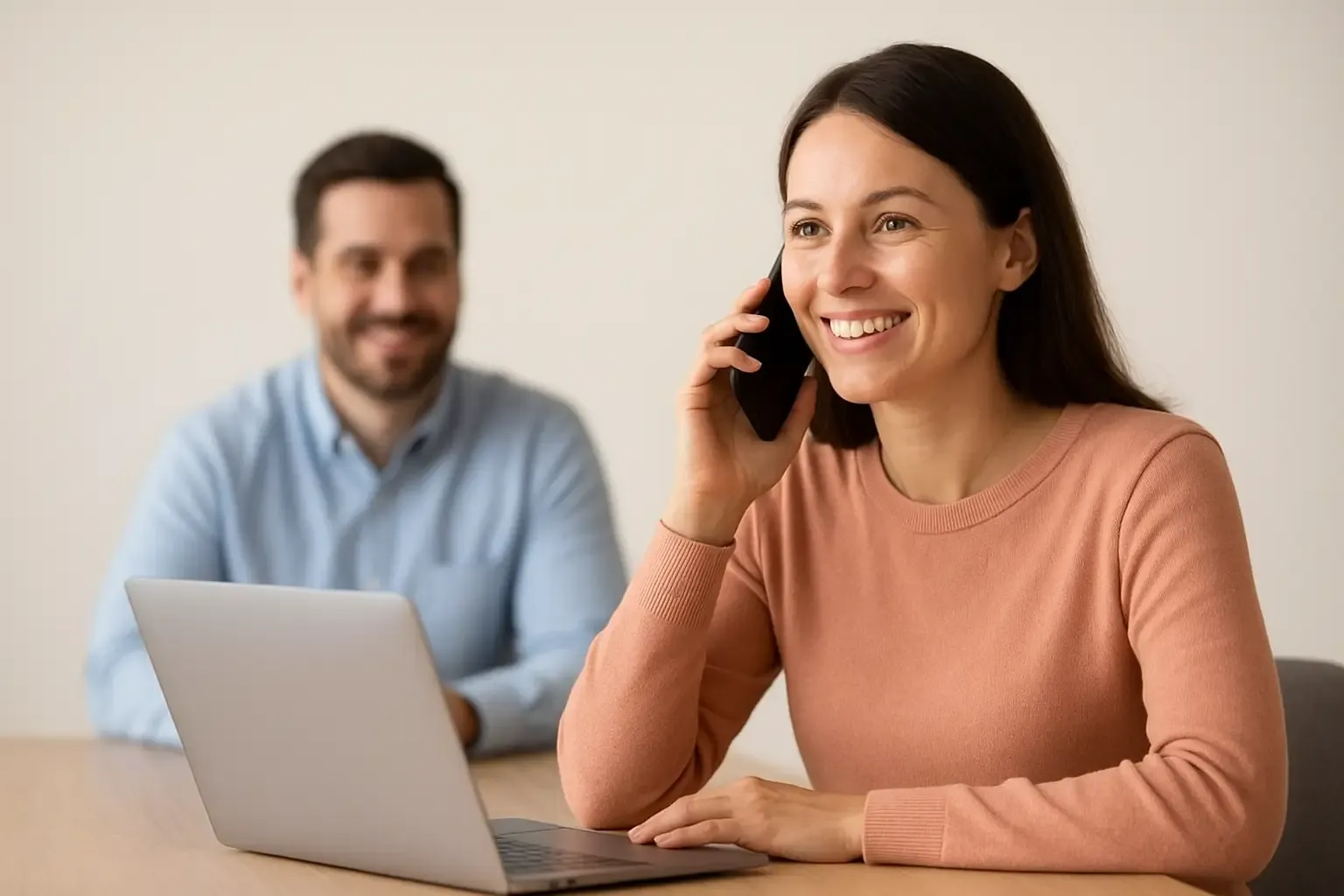 Conseiller pédagogique souriant de Cours Academy échangeant avec un parent au téléphone pour organiser un stage de la Toussaint à domicile, ambiance claire et chaleureuse
