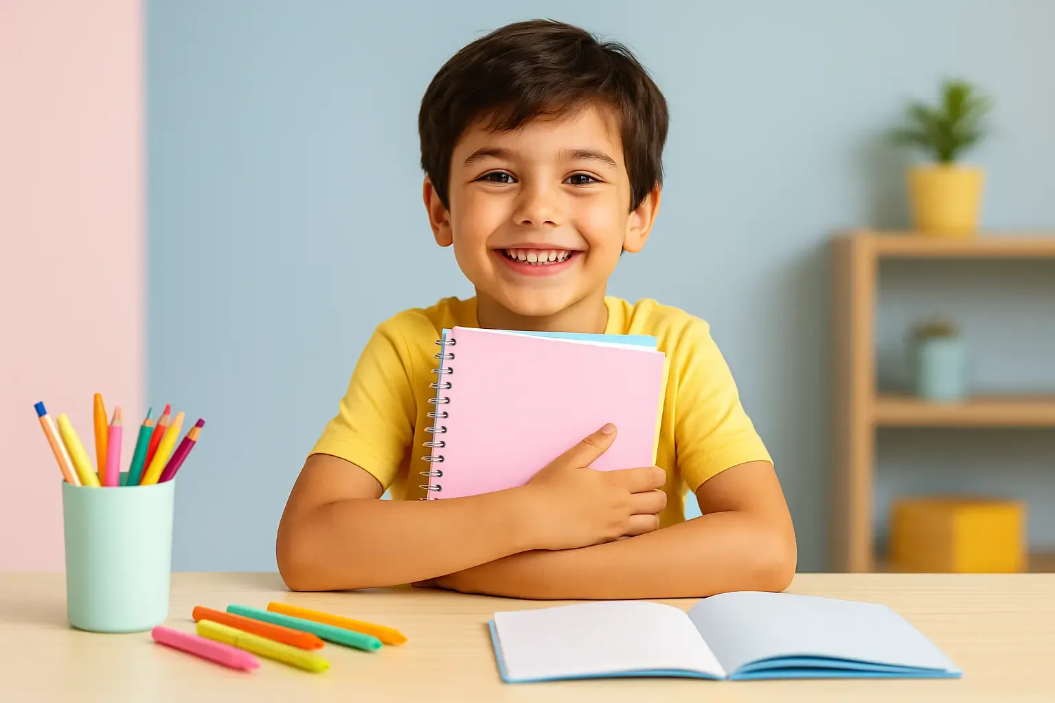 Élève souriant montrant fièrement son cahier après une séance de stage à domicile