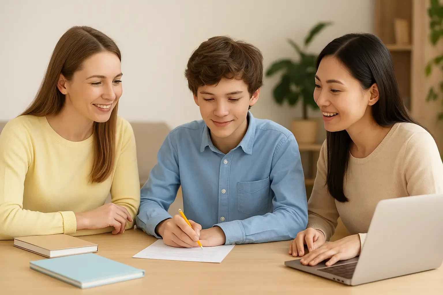 Professeur aidant deux élèves lors d’un stage de printemps à domicile, dans une ambiance claire et chaleureuse