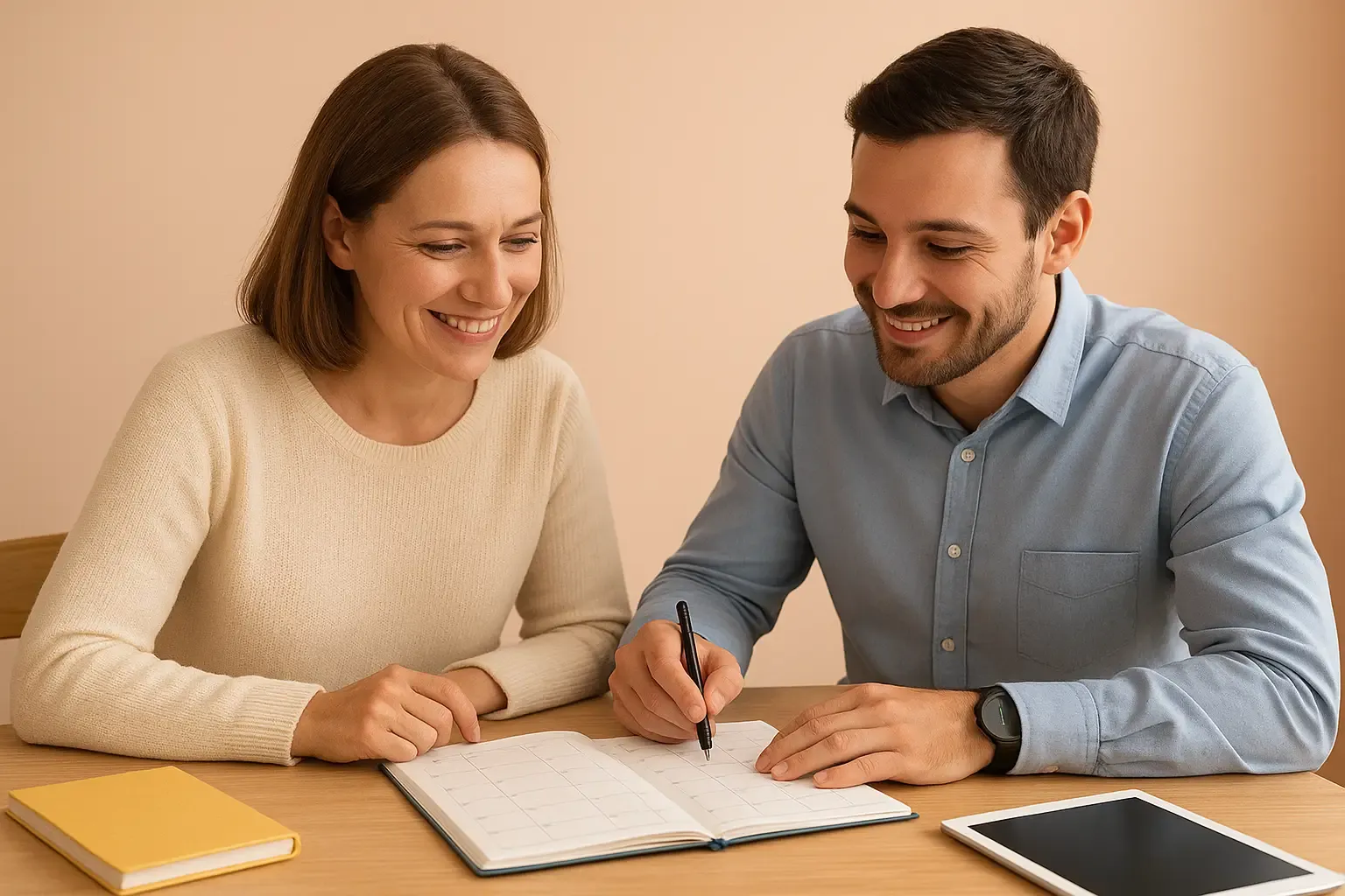 Parent et professeur organisant ensemble le planning d'un stage de Noël à domicile, dans une ambiance claire et chaleureuse avec visages humains