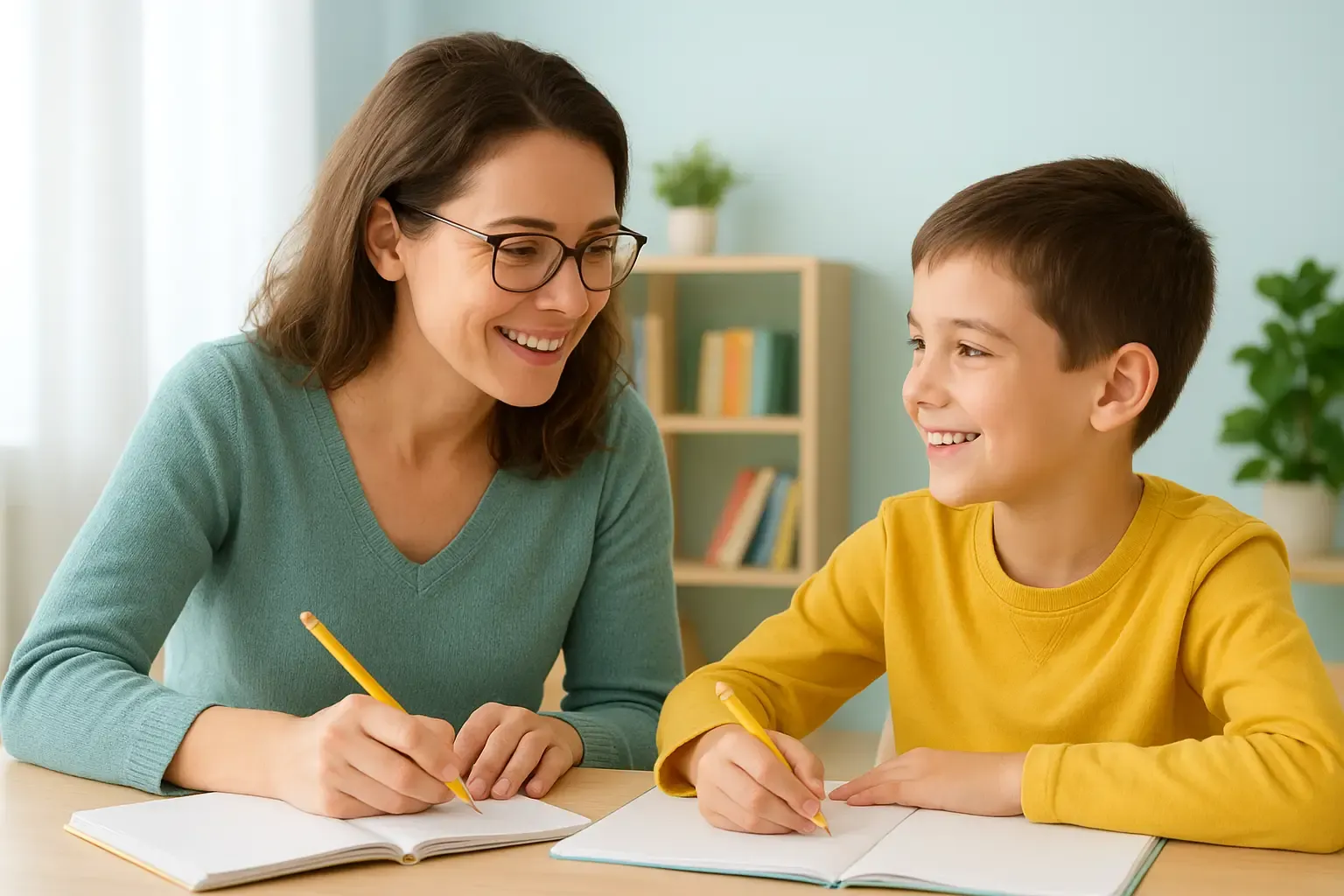 Professeur attentif donnant un cours personnalisé à un élève à domicile pendant le stage de la Toussaint, ambiance claire et gaie avec visages humains souriants