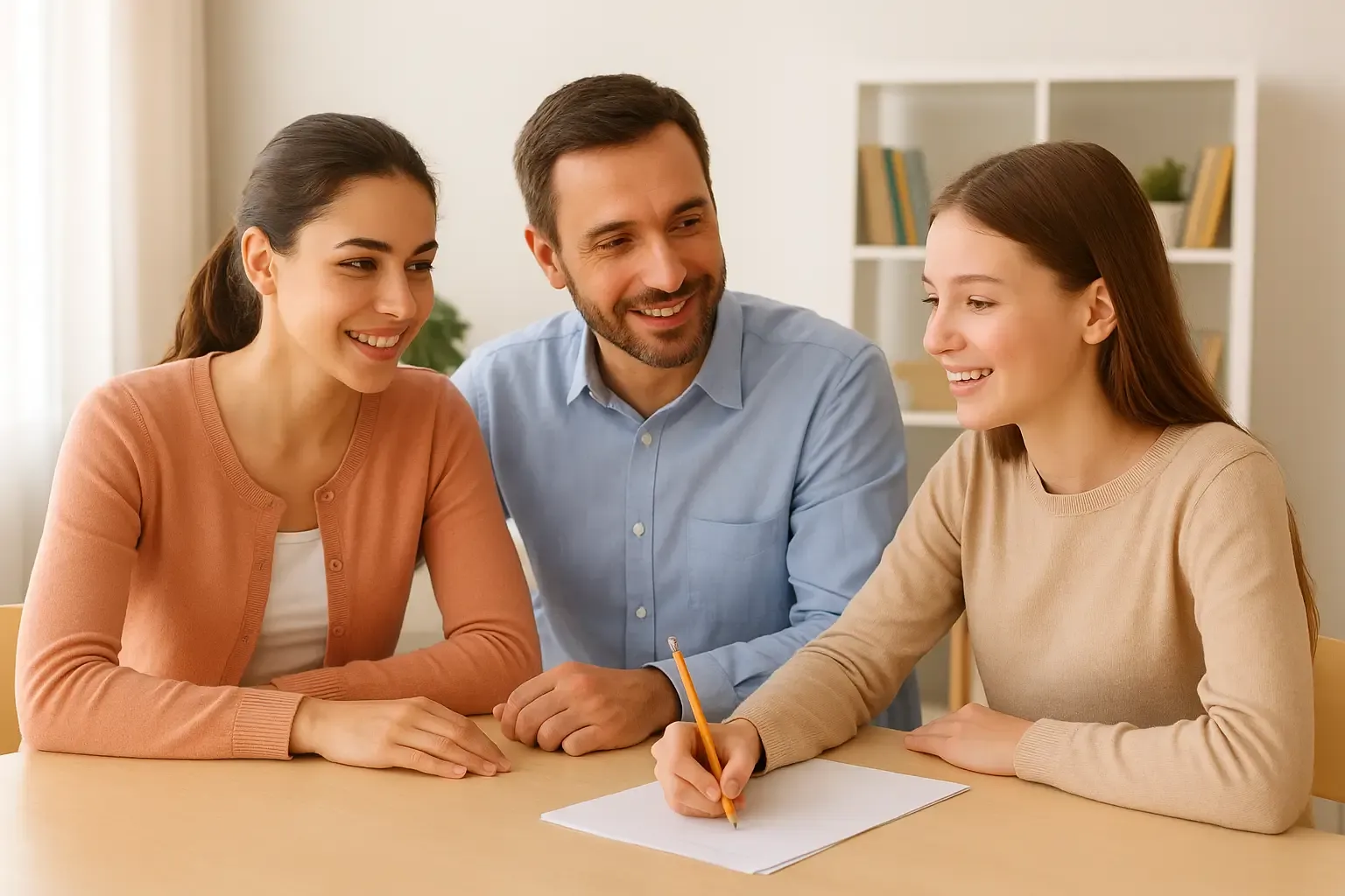 Élève et parent échangeant avec un professeur lors d’un accompagnement à domicile, dans une ambiance claire et chaleureuse, illustrant la FAQ du stage de printemps Cours Academy