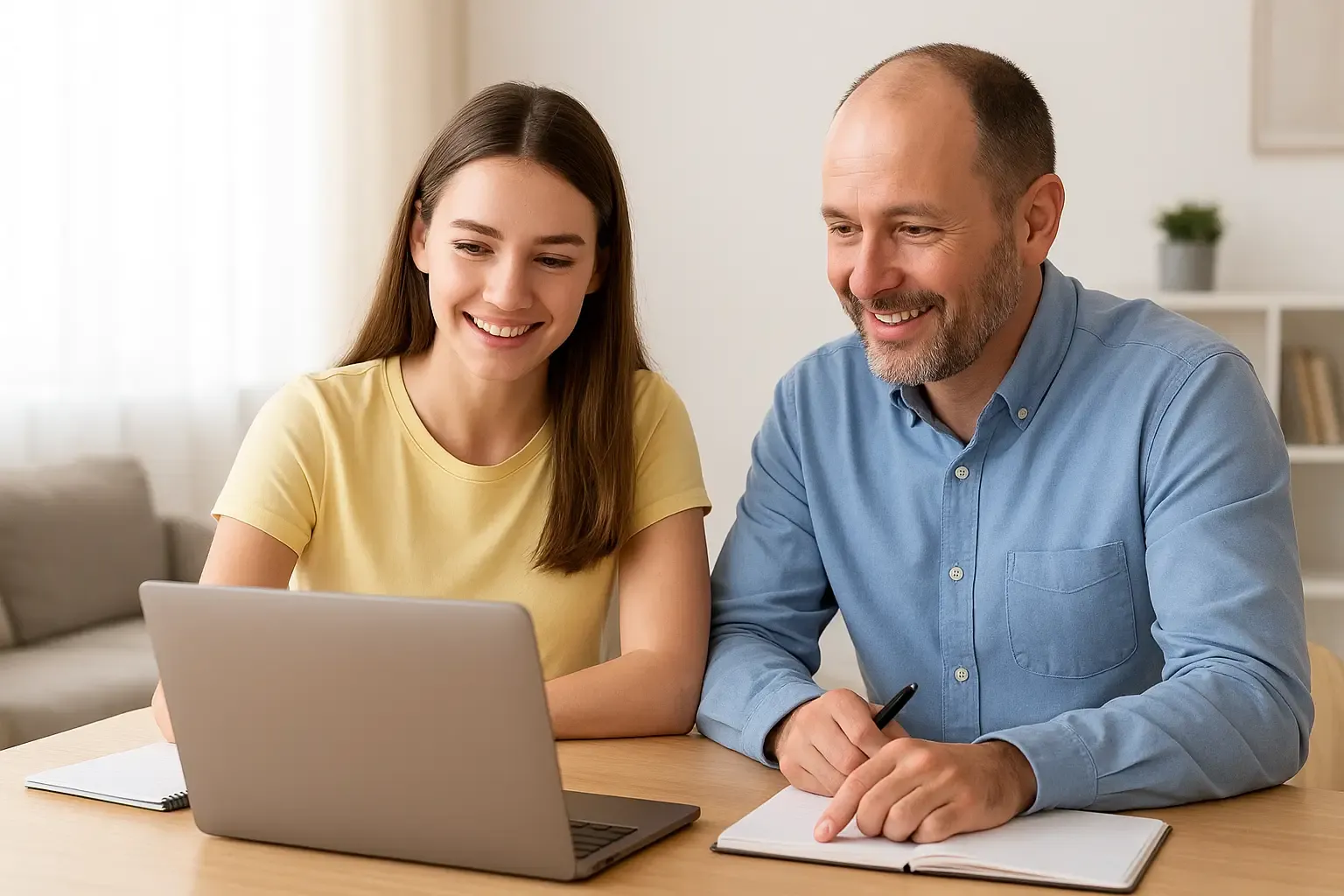 Parents et élève discutant avec un professeur à domicile dans une ambiance claire et chaleureuse, illustrant les avantages de choisir Cours Academy pour un stage de printemps