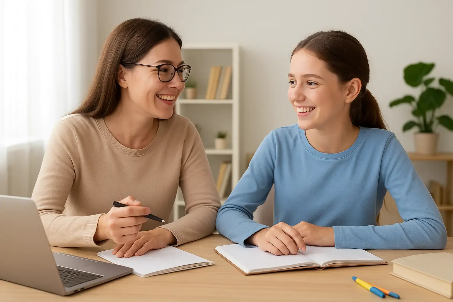 Professeur à domicile aidant un élève souriant pendant une séance de travail scolaire dans une ambiance lumineuse et colorée, illustrant les avantages d’un stage pendant les vacances de printemps
