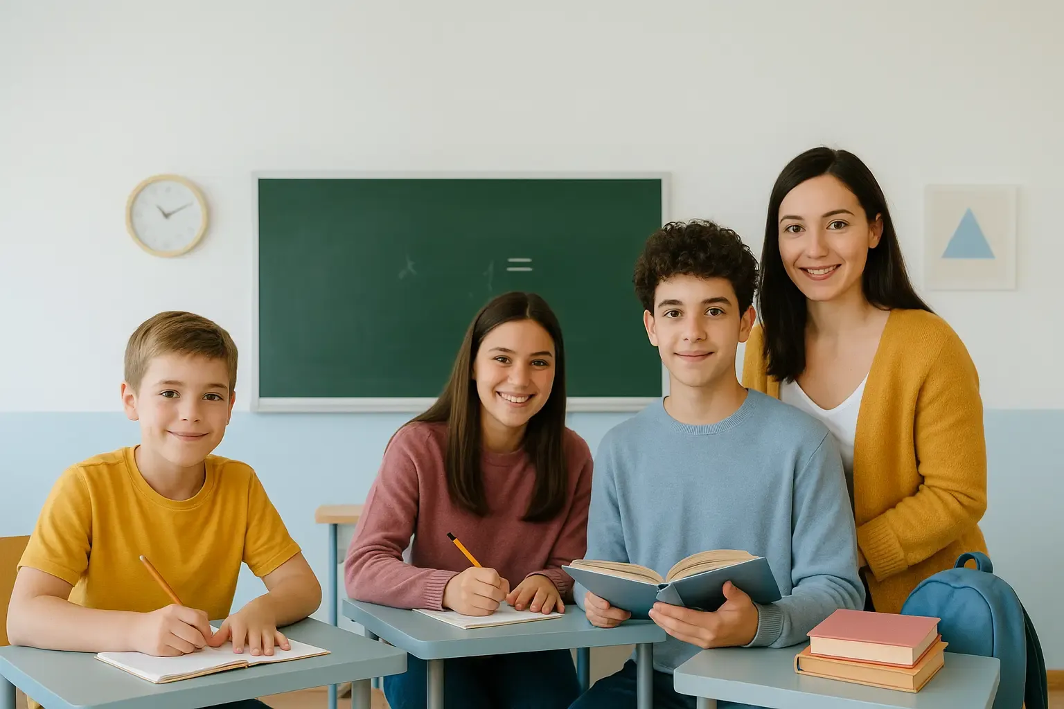 Trois élèves de niveaux scolaires différents dans une salle de classe lumineuse, avec du matériel
coloré et une ambiance conviviale