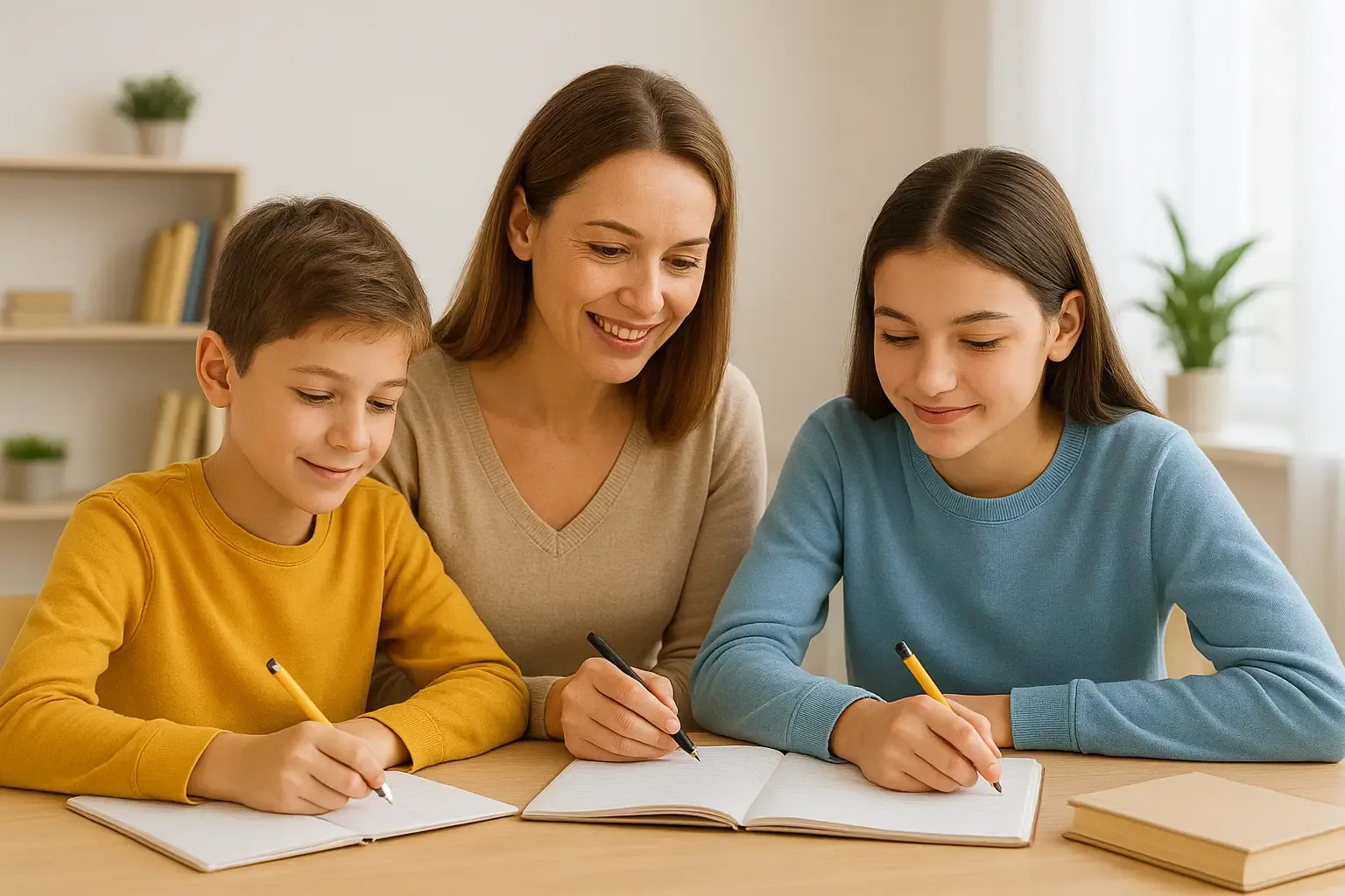 Professeure accompagnant deux élèves de niveaux scolaires différents lors d’un stage d’hiver à domicile dans une ambiance claire et chaleureuse.
