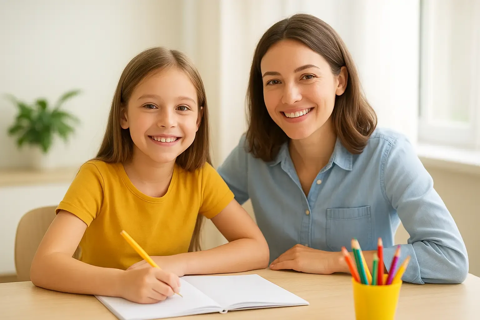 Professeur à domicile accompagnant un élève dans une ambiance lumineuse et gaie pour ilustrer la réservation d’un stage de printemps.
