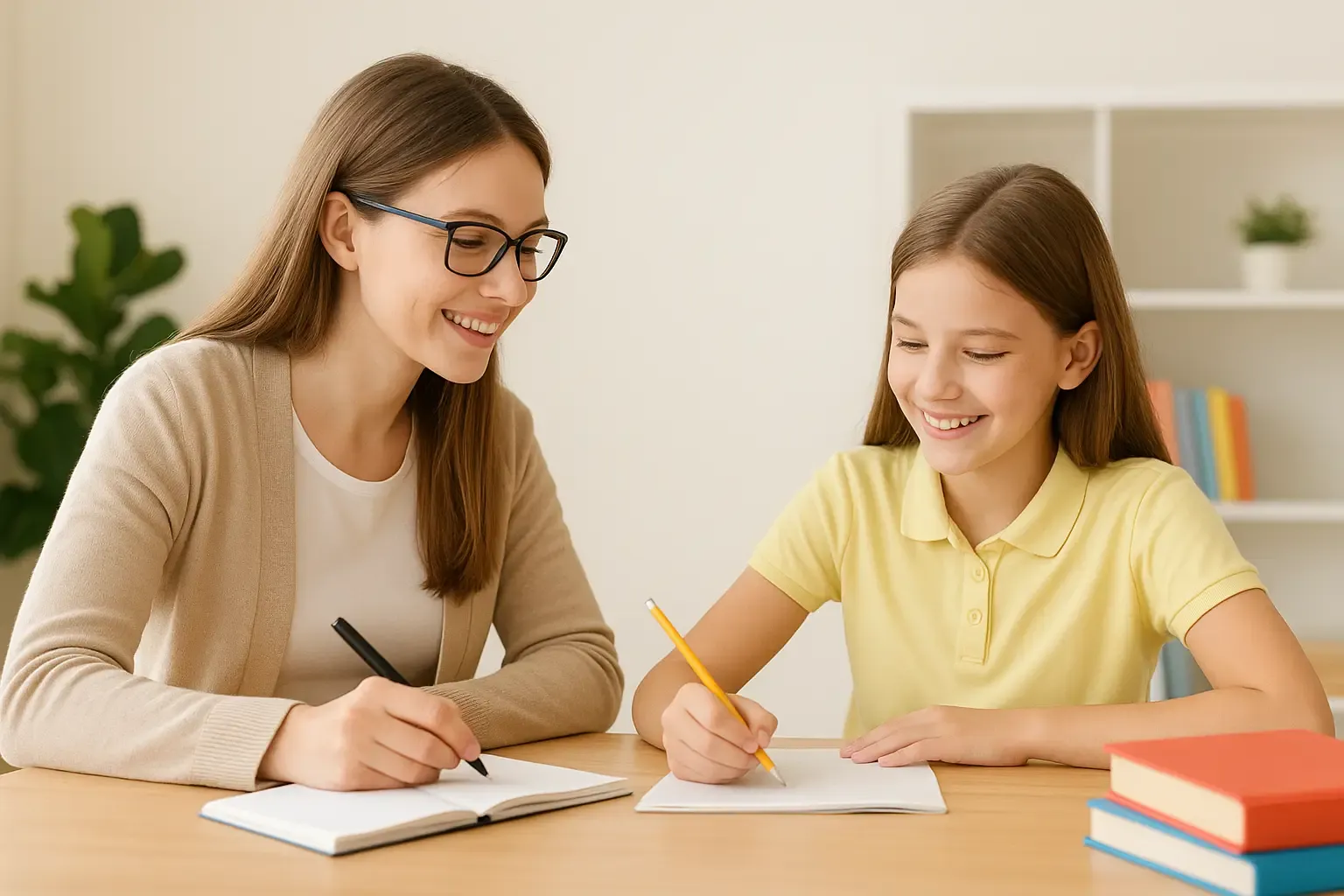 Professeure donnant un cours à domicile à deux élèves de niveaux scolaires différents dans une ambiance lumineuse et colorée
