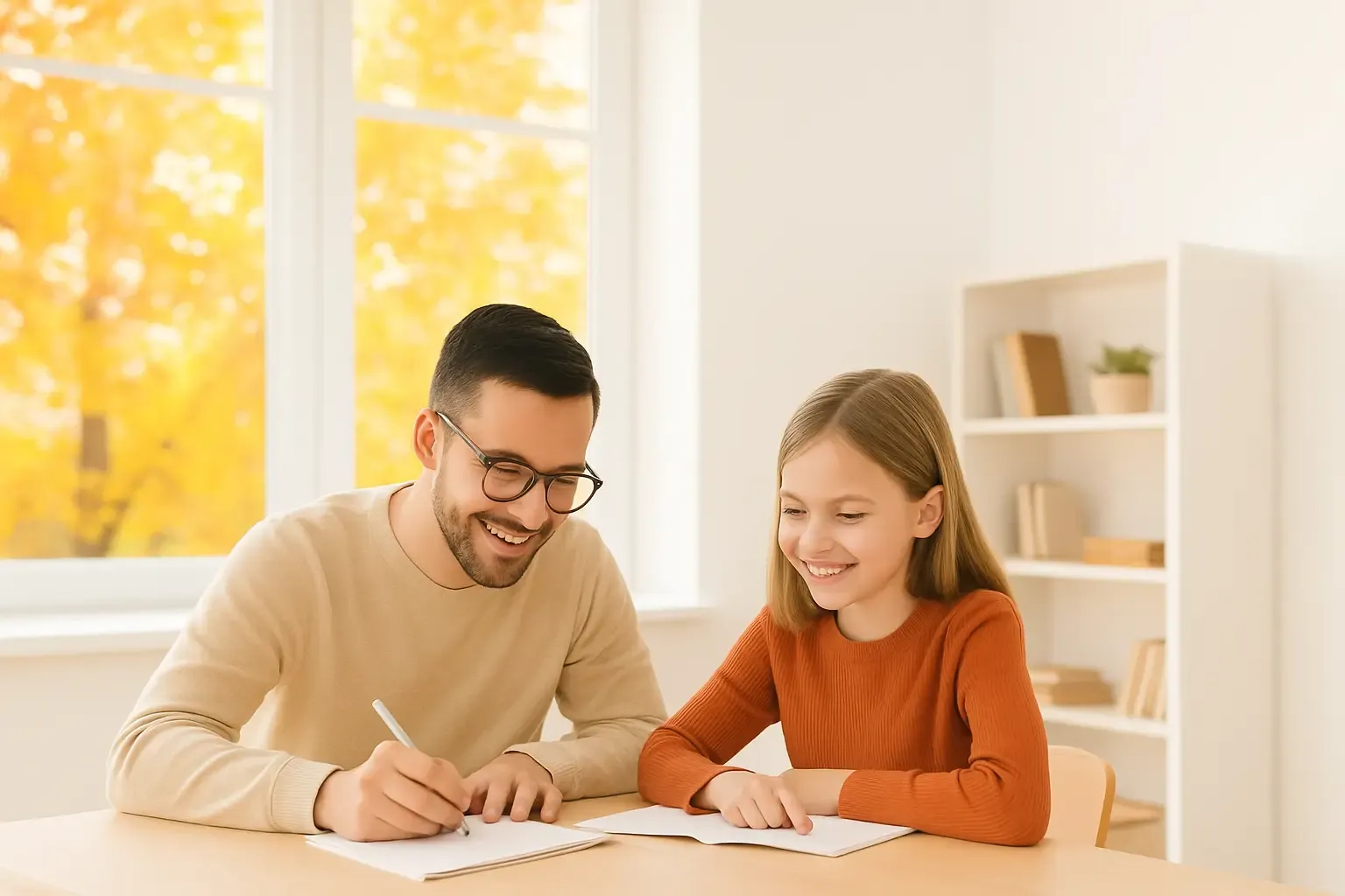Professeur donnant un cours à domicile pendant le stage de la Toussaint, élève concentré avec Cours ACADEMY