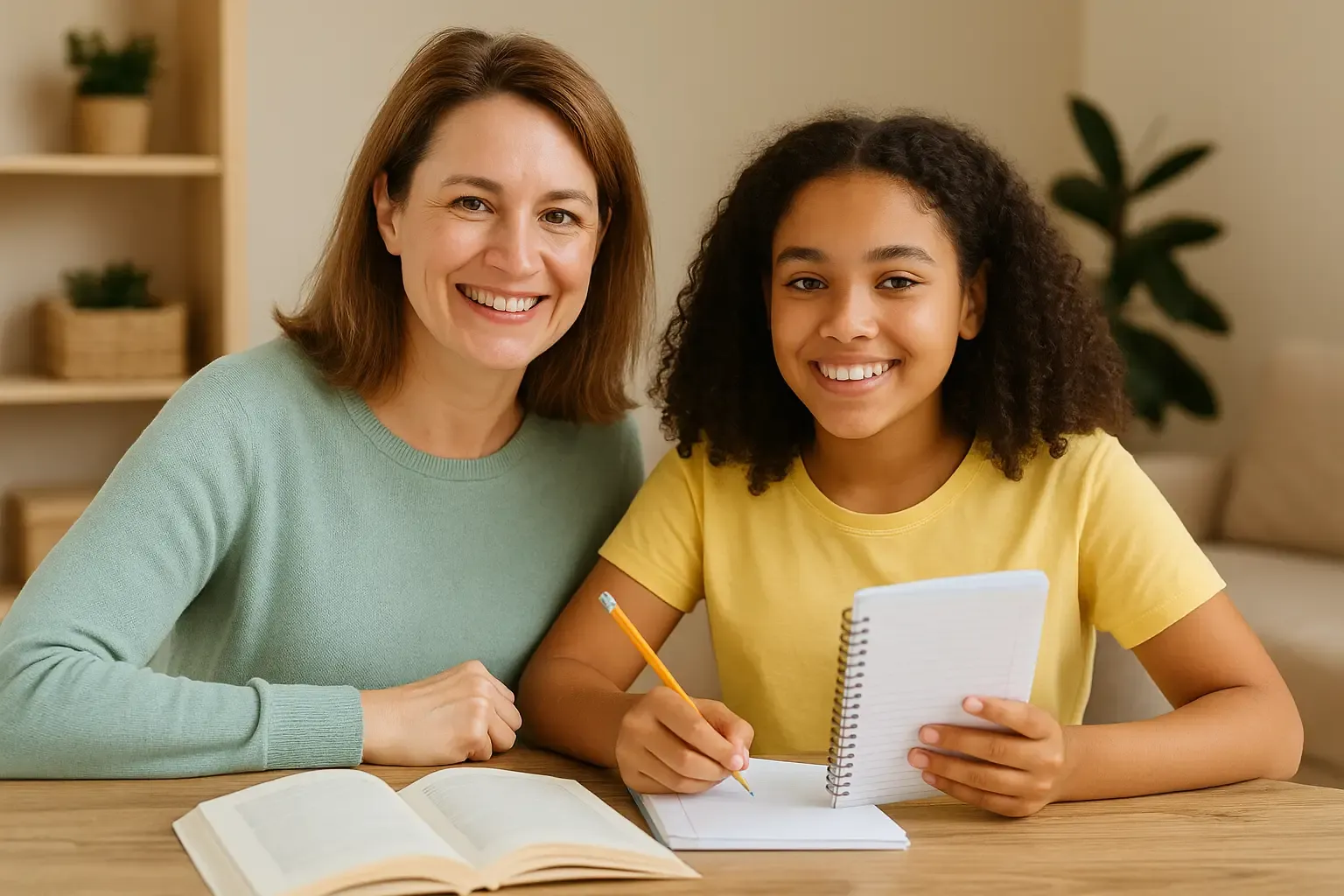Mère aidant sa fille à réviser à domicile pendant le stage de la Toussaint avec Cours ACADEMY