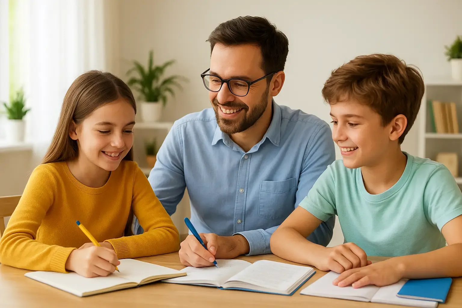 Un professeur souriant aidant deux élèves à domicile dans un environnement lumineux, illustrant l’accessibilité des stages d’hiver partout en France, avec une ambiance gaie et chaleureuse.